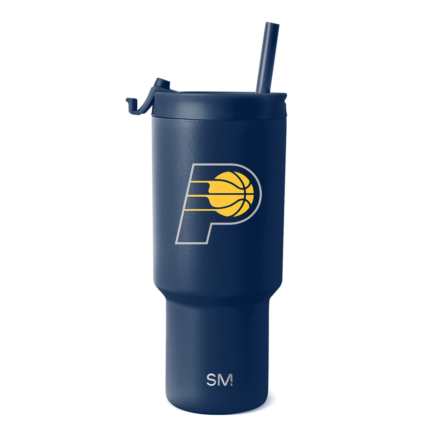 Deep navy blue insulated tumbler with bright gold yellow team logo, featuring a matching straw and lid for beverage storage and transport.