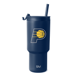Deep navy blue insulated tumbler with bright gold yellow team logo, featuring a matching straw and lid for beverage storage and transport.