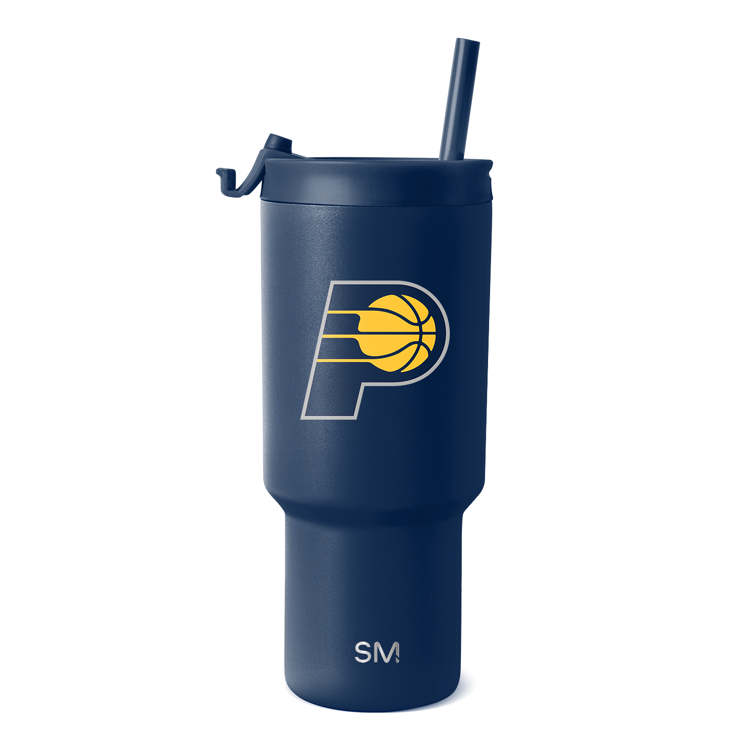 Deep navy blue insulated tumbler with bright gold yellow team logo, featuring a matching straw and lid for beverage storage and transport.