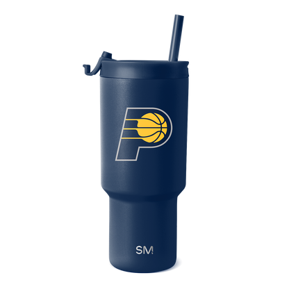 Deep navy blue insulated tumbler with bright gold yellow team logo, featuring a matching straw and lid for beverage storage and transport.