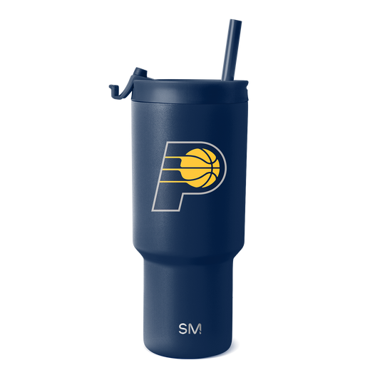 Deep navy blue insulated tumbler with bright gold yellow team logo, featuring a matching straw and lid for beverage storage and transport.