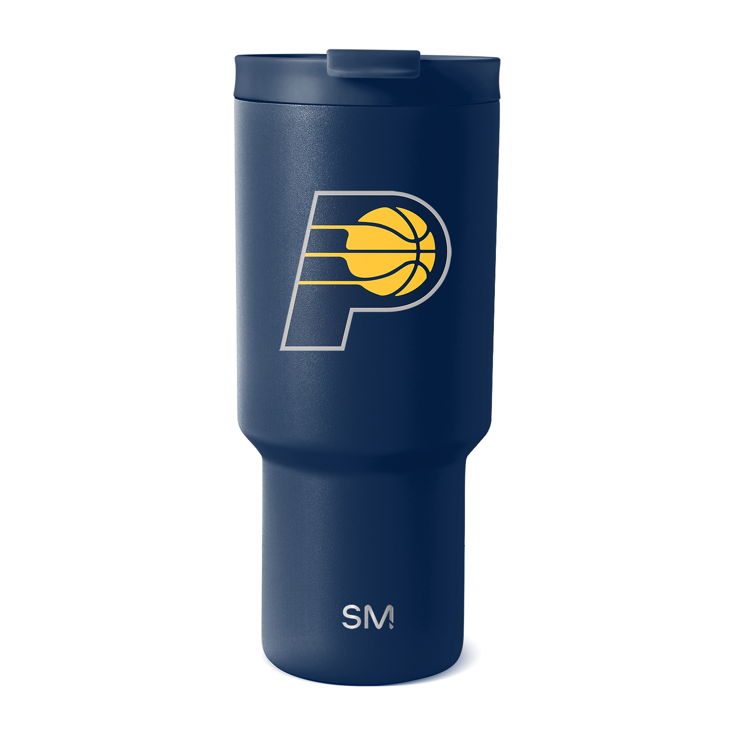 Deep navy blue matte tumbler with golden yellow and white basketball logo design