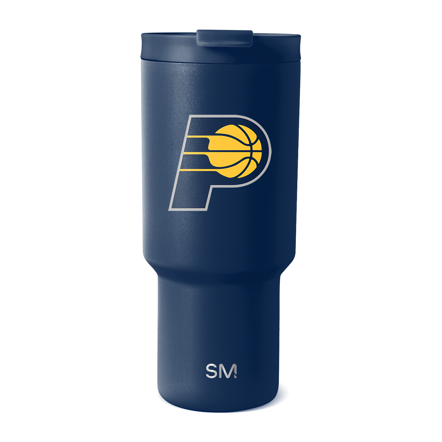 Deep navy blue matte tumbler with golden yellow and white basketball logo design