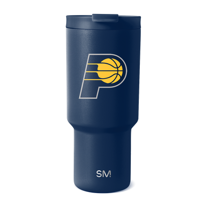 Deep navy blue matte tumbler with golden yellow and white basketball logo design