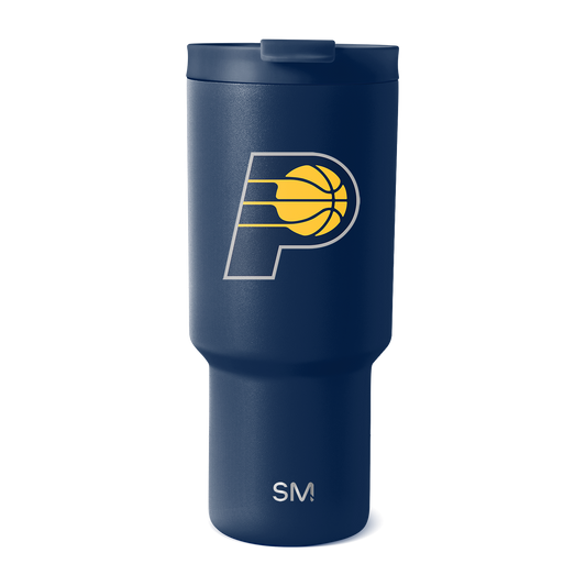 Deep navy blue matte tumbler with golden yellow and white basketball logo design