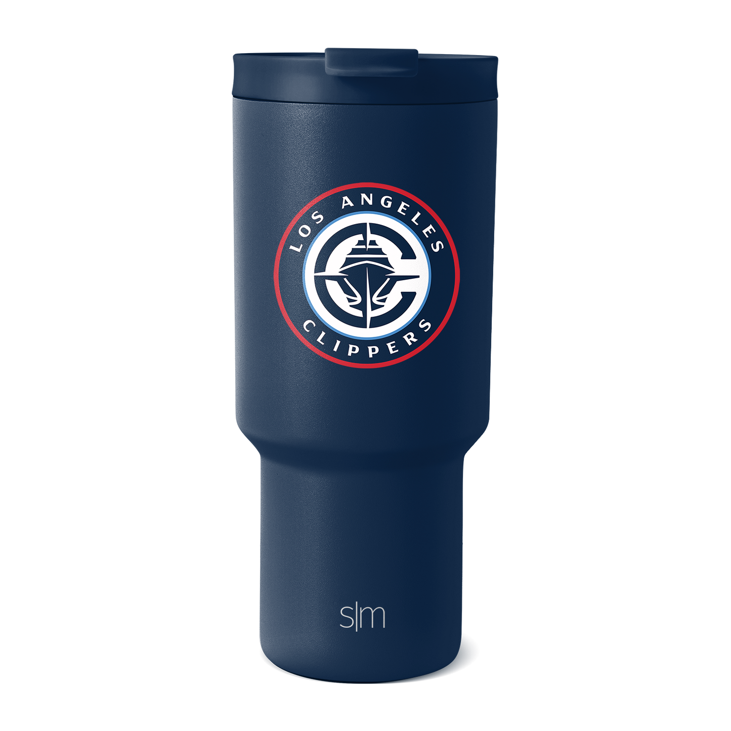 Deep navy blue LA Clippers tumbler with team logo featuring bright red circular ring and white details
