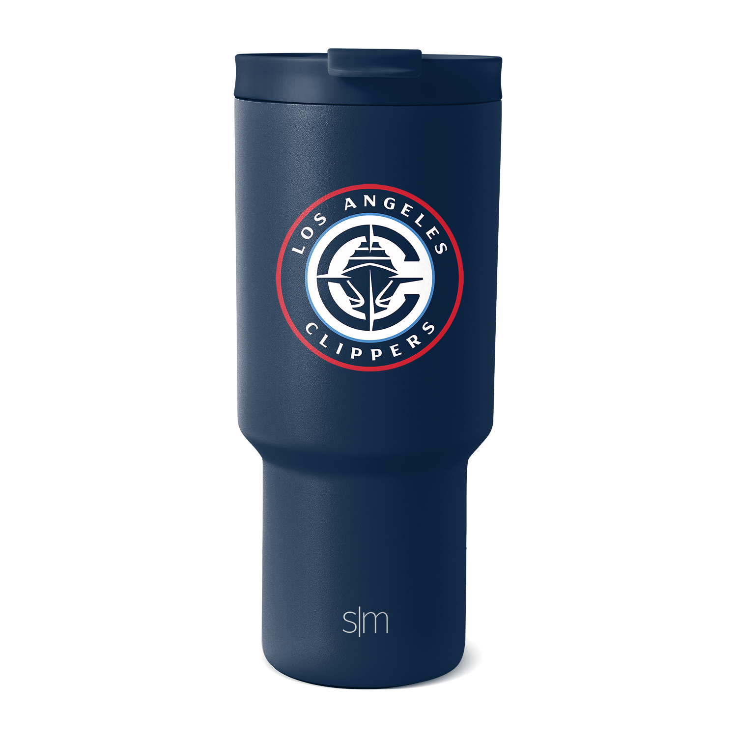 Deep navy blue LA Clippers tumbler with team logo featuring bright red circular ring and white details