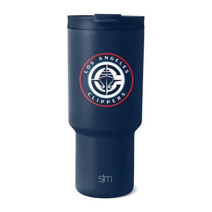 Deep navy blue LA Clippers tumbler with team logo featuring bright red circular ring and white details