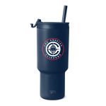 Deep navy blue tumbler with red and white circular logo branding