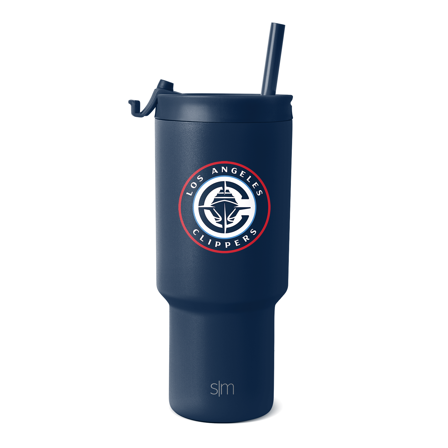 Deep navy blue tumbler with red and white circular logo branding