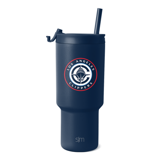 Deep navy blue tumbler with red and white circular logo branding
