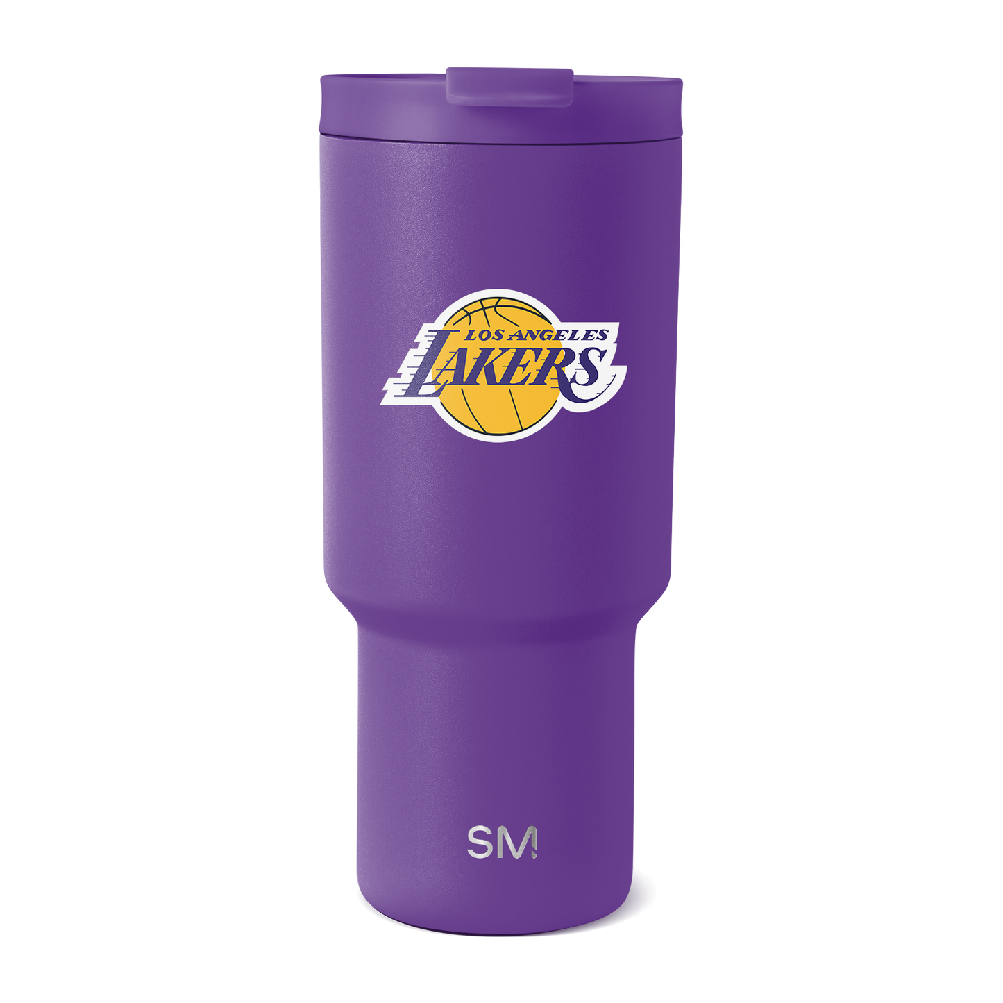 Purple tumbler with white lid and white text branding on lower body