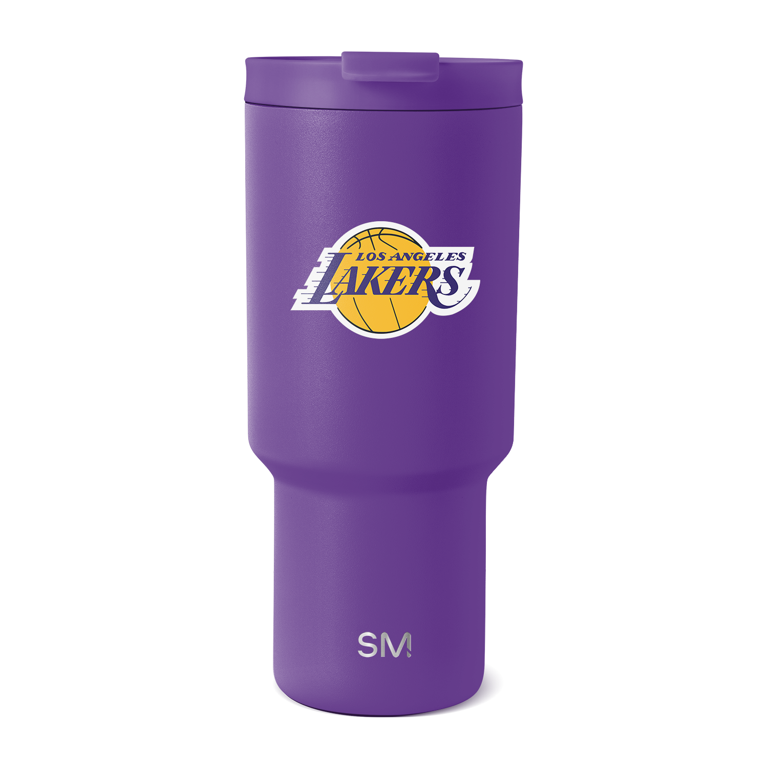 Purple tumbler with white lid and white text branding on lower body