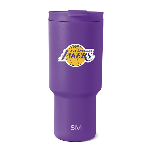 Purple tumbler with white lid and white text branding on lower body