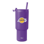 Purple tumbler with Los Angeles Lakers logo in yellow and white