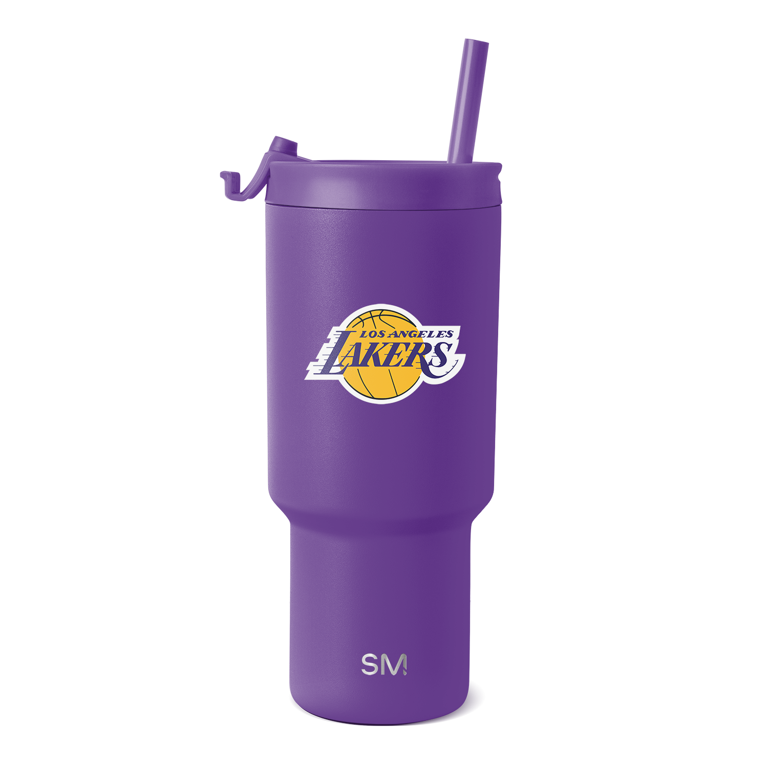 Purple tumbler with Los Angeles Lakers logo in yellow and white