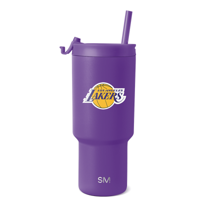 Purple tumbler with Los Angeles Lakers logo in yellow and white
