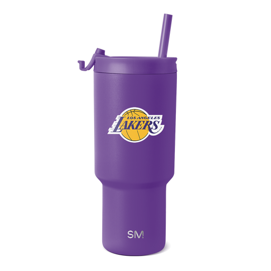 Purple tumbler with Los Angeles Lakers logo in yellow and white