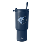 Deep navy blue tumbler with light blue, gray, and gold accent details