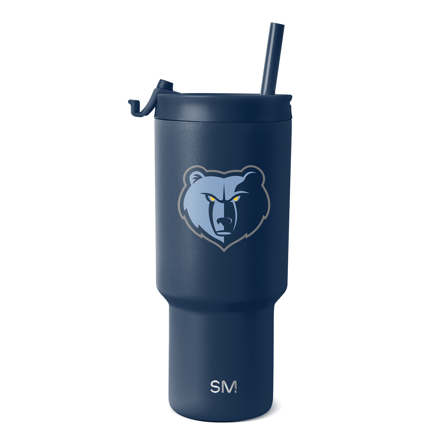 Deep navy blue tumbler with light blue, gray, and gold accent details