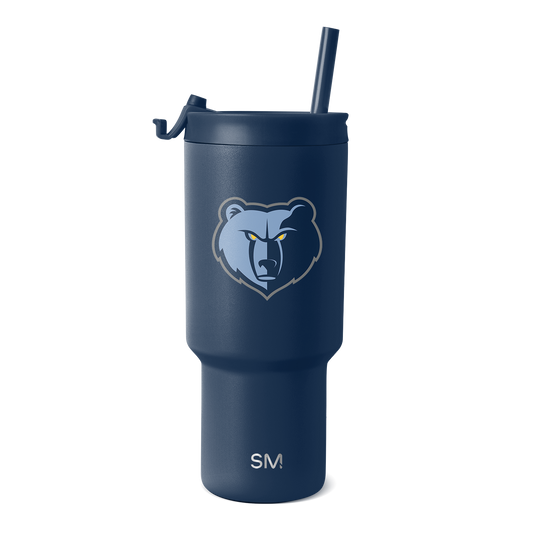 Deep navy blue tumbler with light blue, gray, and gold accent details