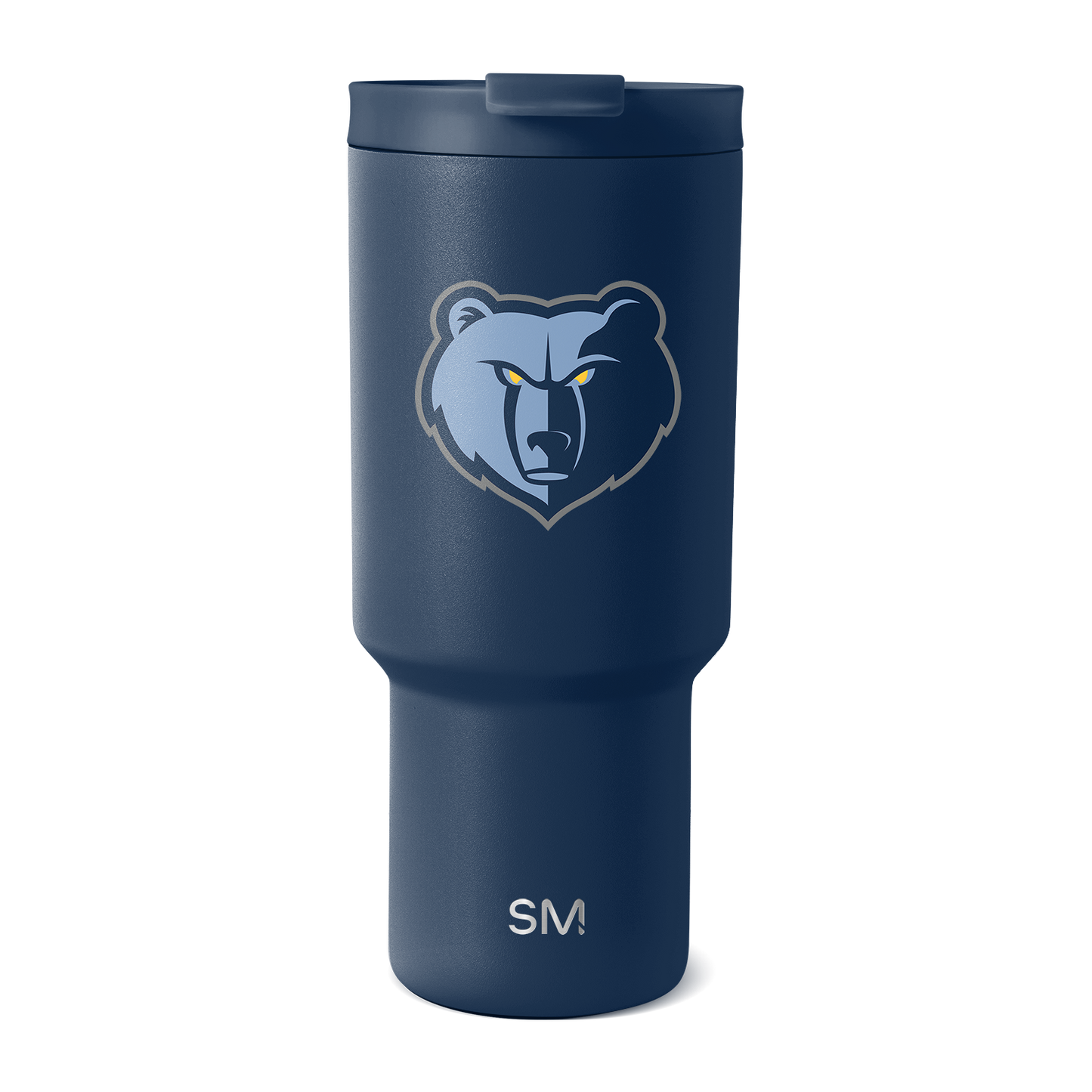 Deep navy blue tumbler with light blue and pale gray bear logo design