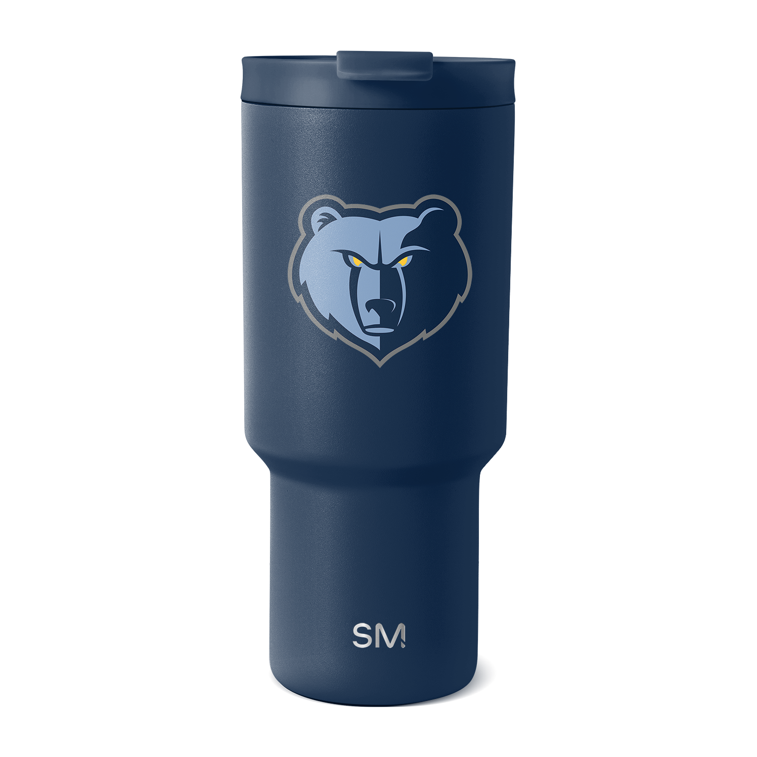 Deep navy blue tumbler with light blue and pale gray bear logo design
