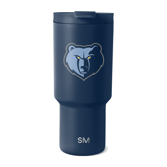 Deep navy blue tumbler with light blue and pale gray bear logo design