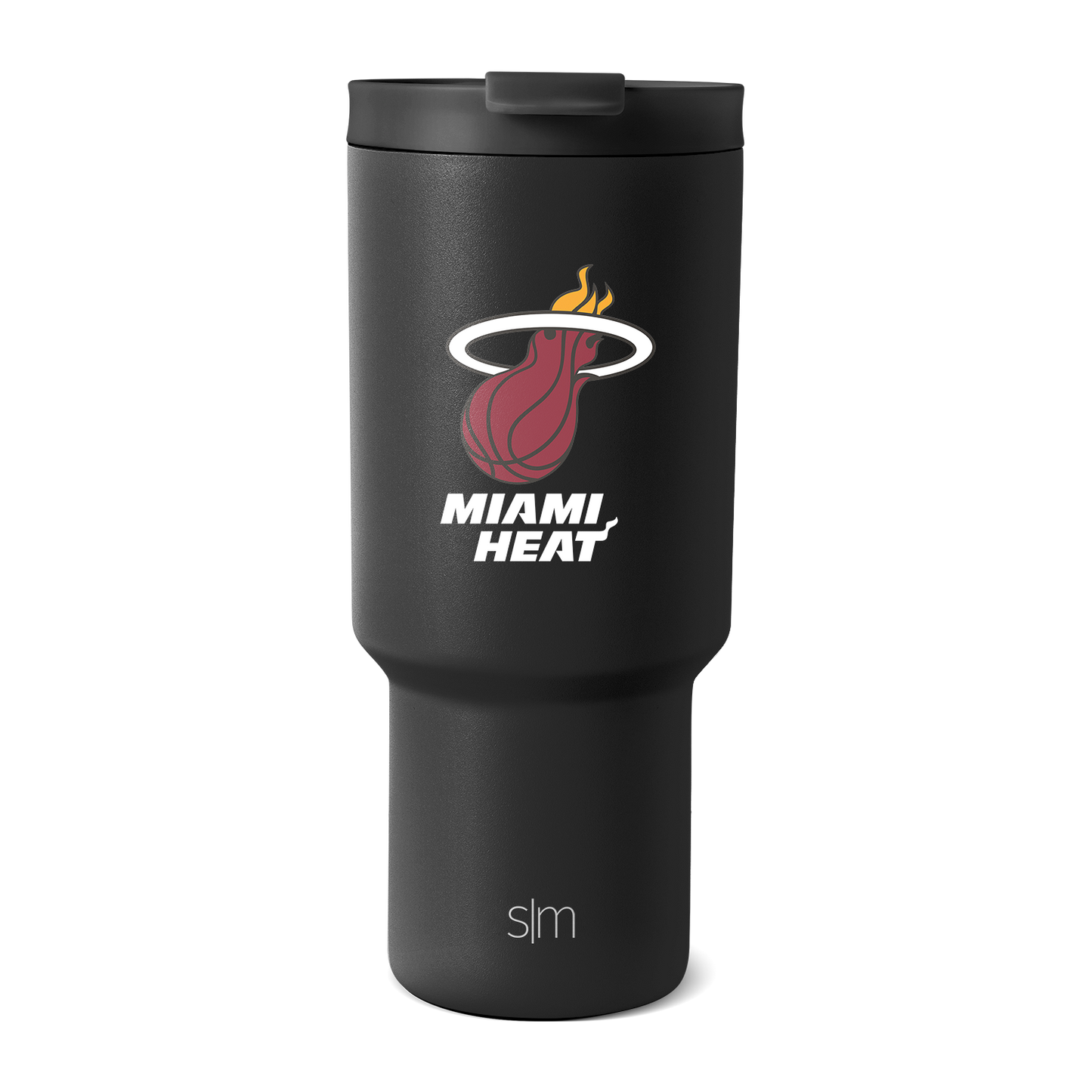Deep matte black tumbler with white text and Miami Heat logo