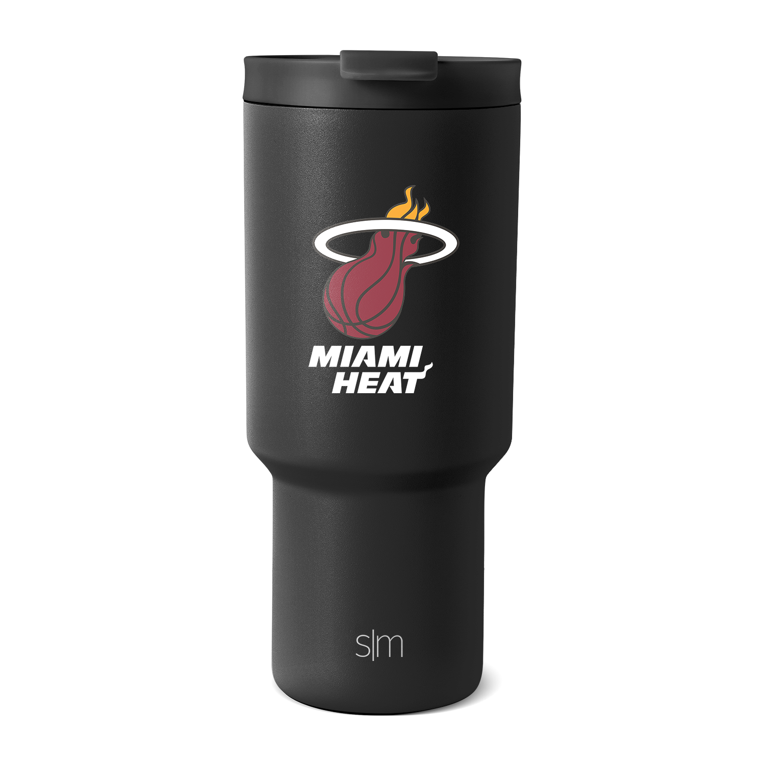 Deep matte black tumbler with white text and Miami Heat logo