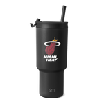 Matte black tumbler with Miami Heat logo in red, white text and outlines, sleek modern design