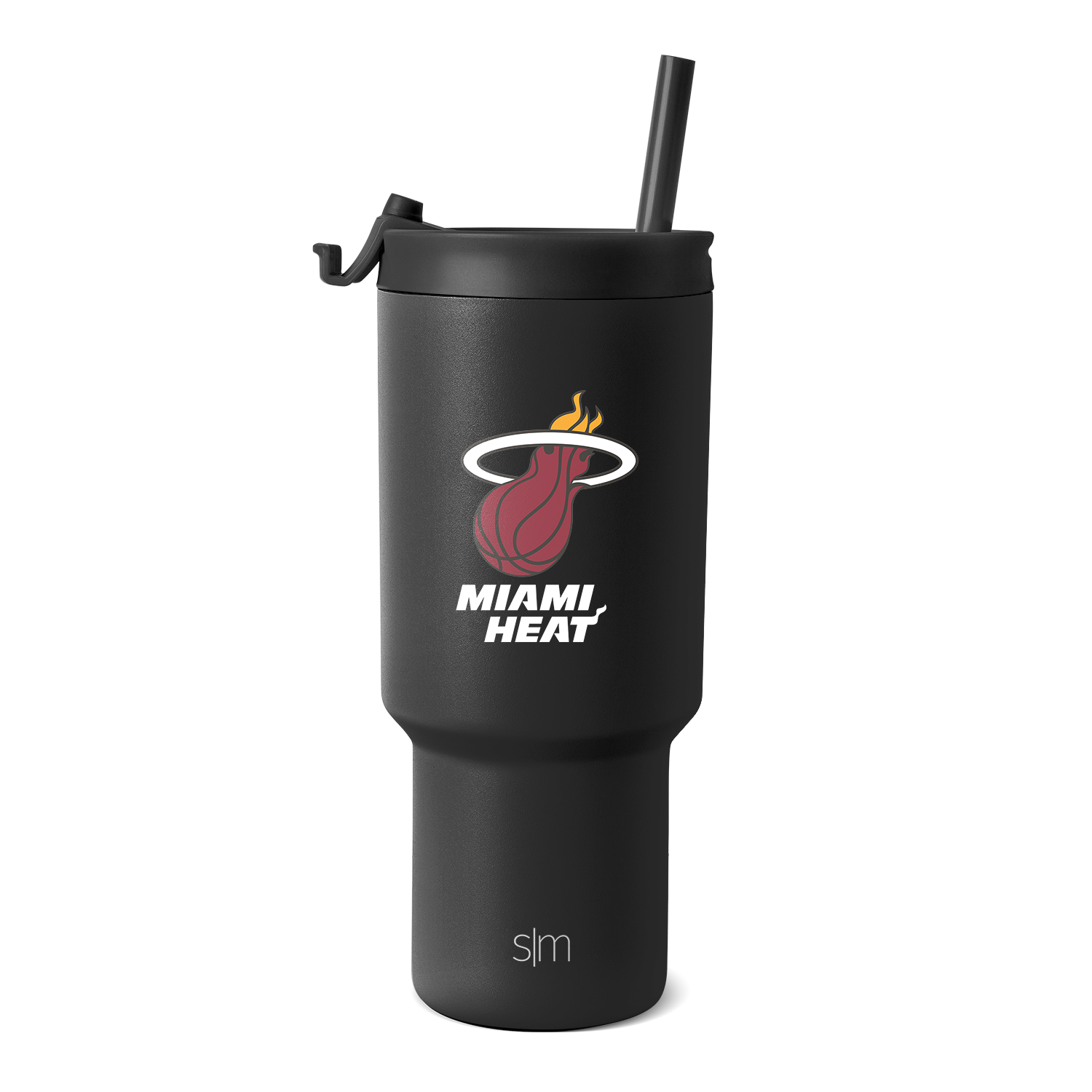 Matte black tumbler with Miami Heat logo in red, white text and outlines, sleek modern design