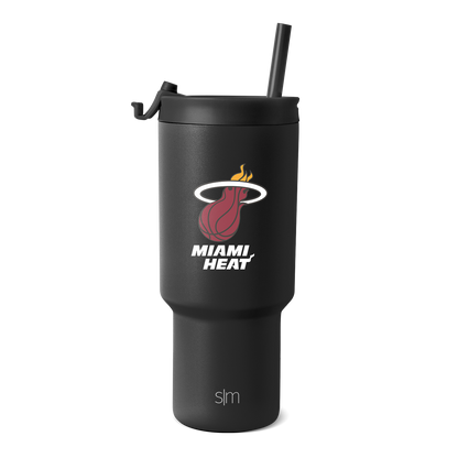 Matte black tumbler with Miami Heat logo in red, white text and outlines, sleek modern design