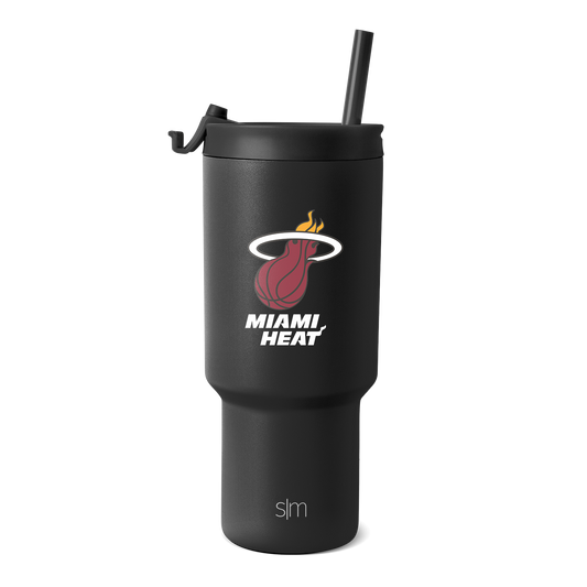 Matte black tumbler with Miami Heat logo in red, white text and outlines, sleek modern design