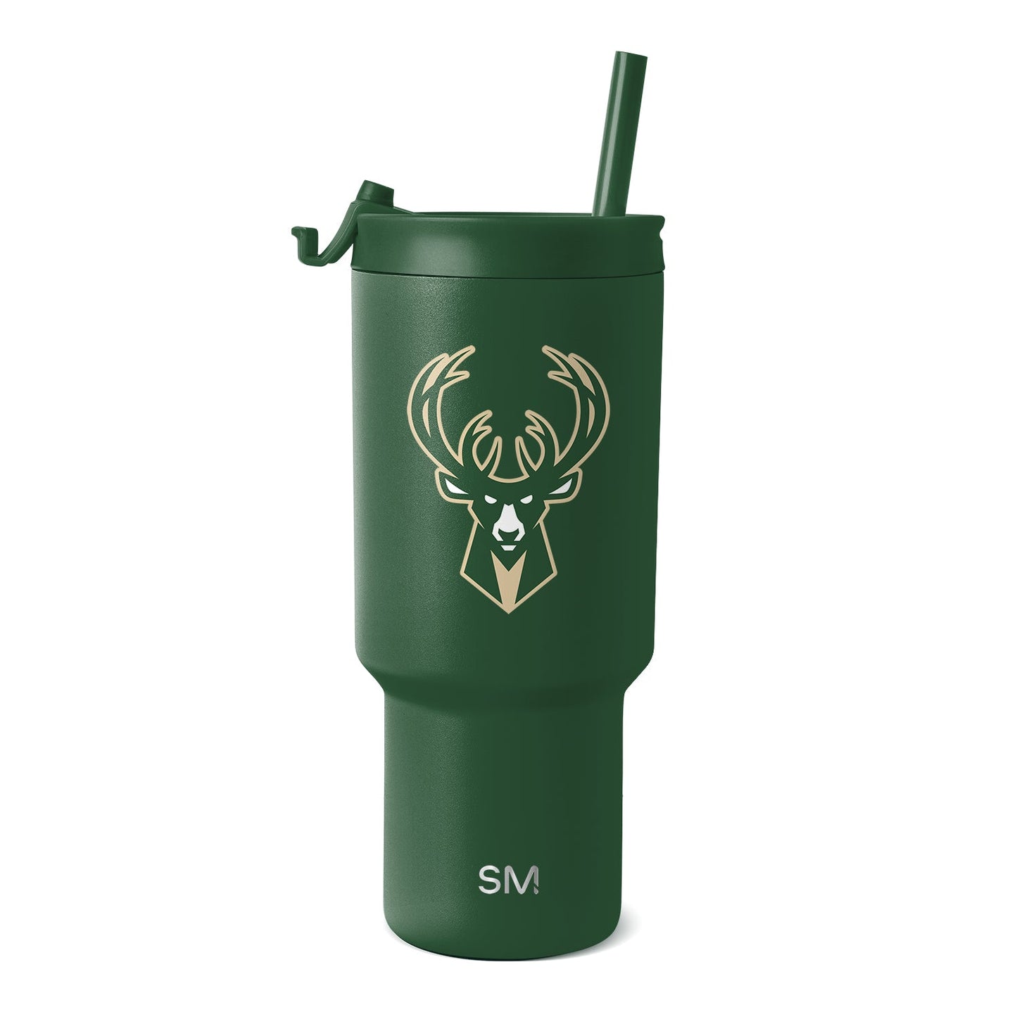 Forest green matte tumbler with tan and cream logo and branding text on white background