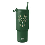 Forest green matte tumbler with tan and cream logo and branding text on white background