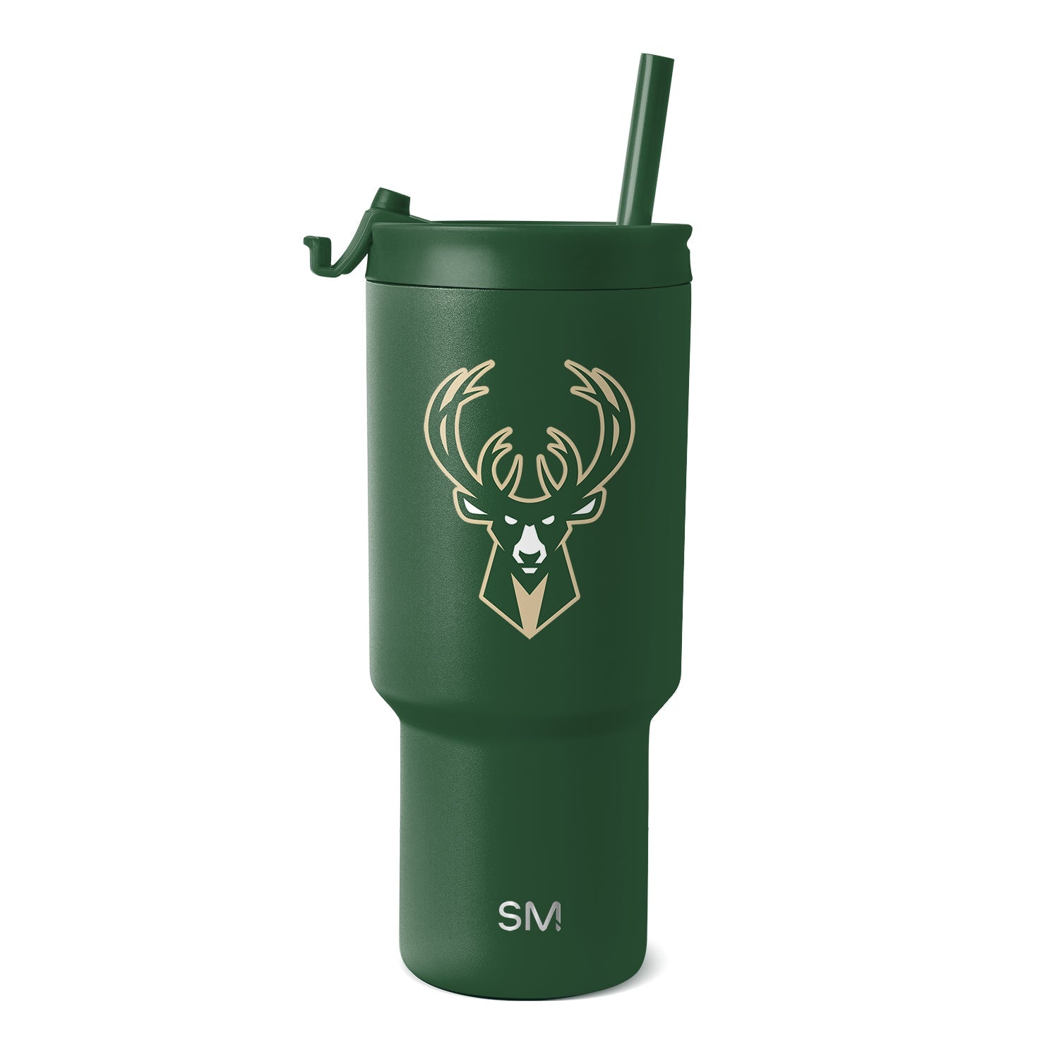 Forest green matte tumbler with tan and cream logo and branding text on white background
