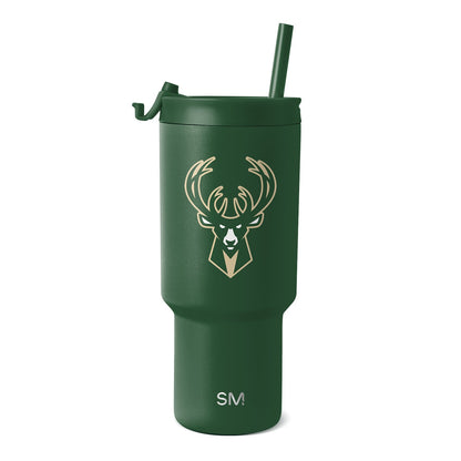 Forest green matte tumbler with tan and cream logo and branding text on white background