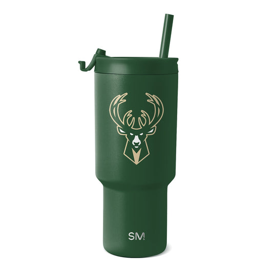 Forest green matte tumbler with tan and cream logo and branding text on white background