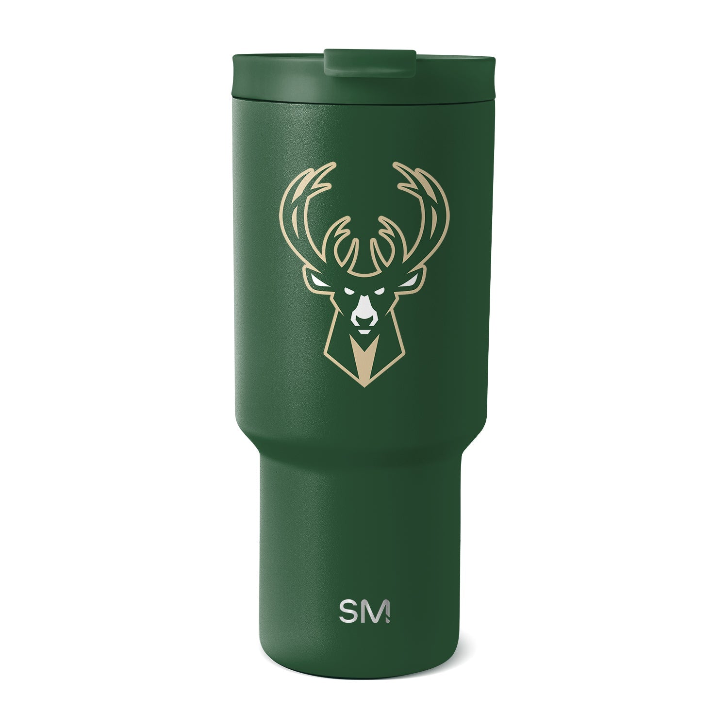 Forest green insulated tumbler with cream and tan engraved logo and graphics