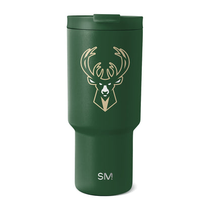 Forest green insulated tumbler with cream and tan engraved logo and graphics