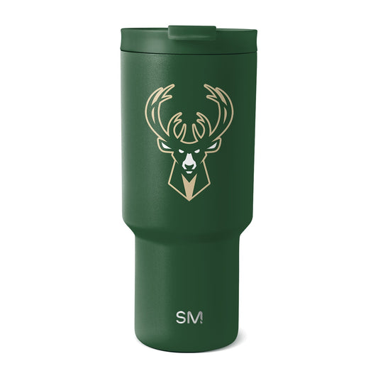Forest green insulated tumbler with cream and tan engraved logo and graphics