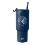 Navy blue insulated tumbler with Minnesota Timberwolves logo in white and light gray, featuring team branding and accents.