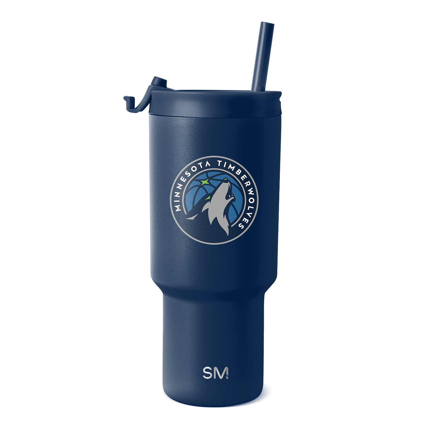 Navy blue insulated tumbler with Minnesota Timberwolves logo in white and light gray, featuring team branding and accents.