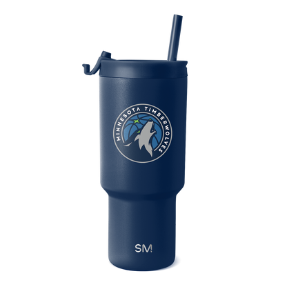 Navy blue insulated tumbler with Minnesota Timberwolves logo in white and light gray, featuring team branding and accents.