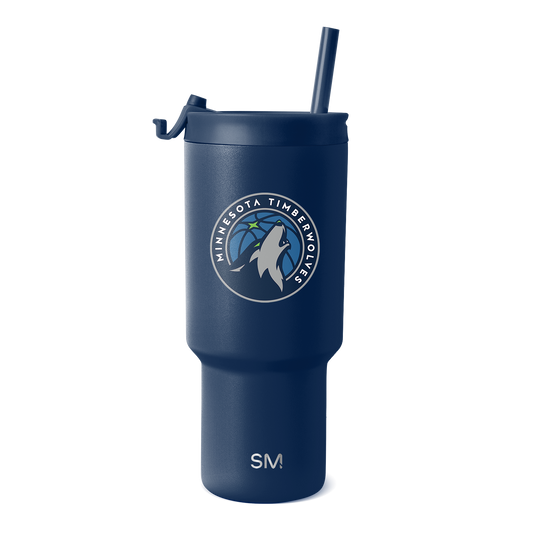 Navy blue insulated tumbler with Minnesota Timberwolves logo in white and light gray, featuring team branding and accents.