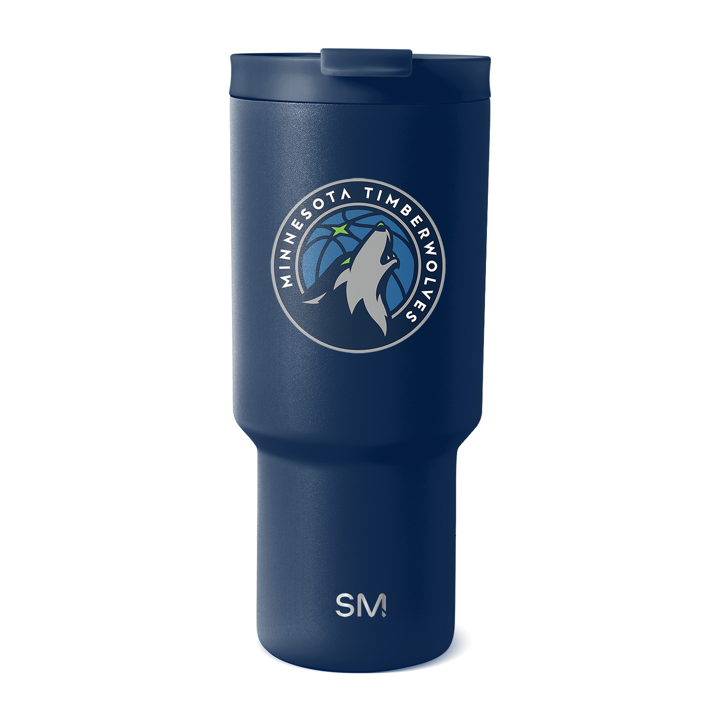 Deep navy blue insulated tumbler with matte finish featuring white and light gray team logo and branding, accent colors visible on surface.