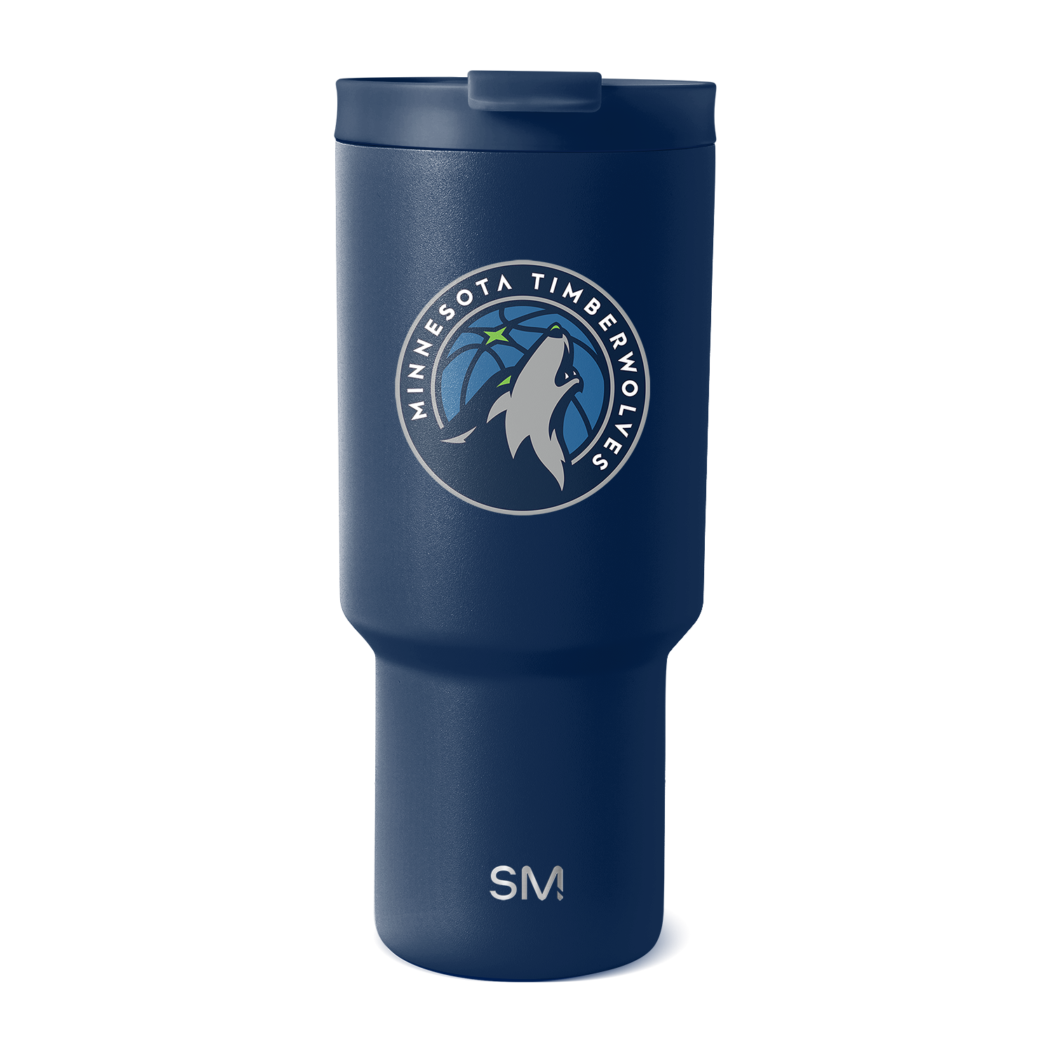 Deep navy blue insulated tumbler with matte finish featuring white and light gray team logo and branding, accent colors visible on surface.