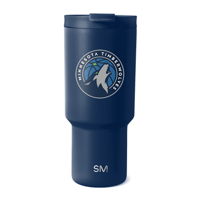 Deep navy blue insulated tumbler with matte finish featuring white and light gray team logo and branding, accent colors visible on surface.