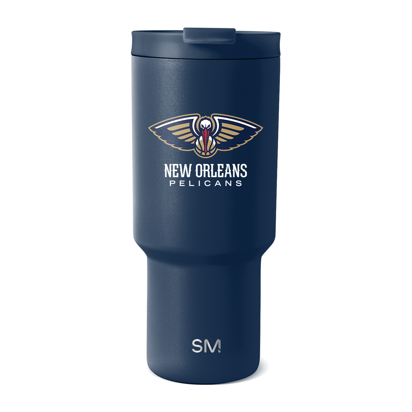 Deep navy blue insulated tumbler with matte finish and gold accents on winged logo and text